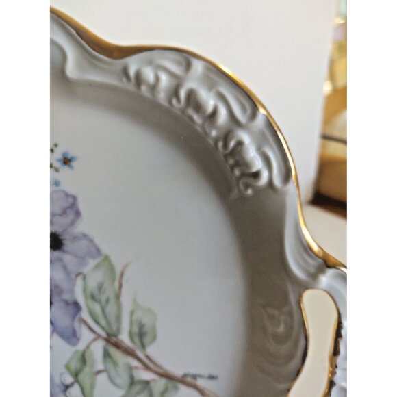 Hand Painted Clematis Flower Serving Platter with Gold Accents Artist Signed - Picture 10 of 12